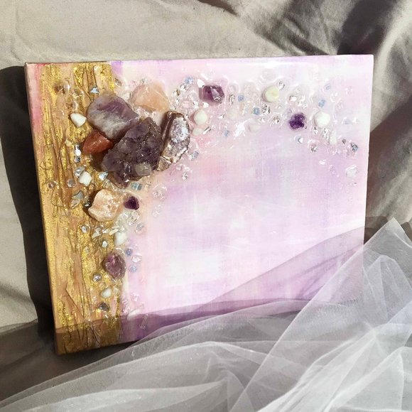 Abstract fluid acrylic wall art with gemstones - Picture 3 of 9